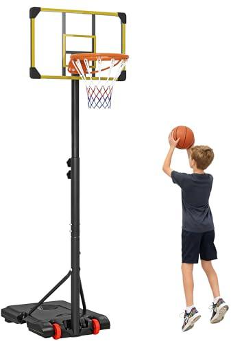 SPORTNOW Canasta de Baloncesto Exterior, Altura Ajustable 178-208 cm, Canasta de Baloncesto Portátil con Tablero Irrompible, Ruedas y Base Rellenable con Ranura, para Adolescentes y Adultos, Amarillo