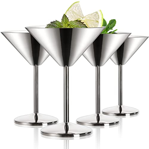 Peohud 4 Pack Stainless Steel Martini Glasses, 8 Oz Unbreakable Stemmed Cocktail Glasses, Silver Martini Glass for Margarita, Manhattan, Champagne, Bar, Party, 18/8 Mirror Polished, Shatterproof