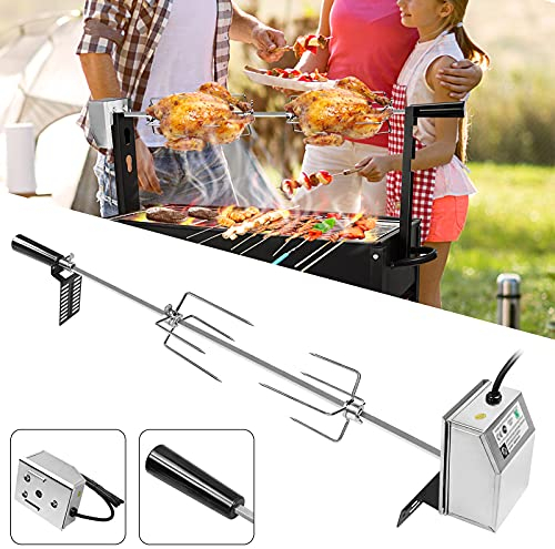 YRHome Jeu de tournebroche pour barbecue 117 cm - En acier inoxydable - Avec moteur - Convient pour barbecue à gaz avec 4 pinces à viande - Poignée et moteur - 220 V - 240 V