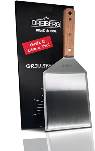 TREBERG® Grillspatel av rostfritt stål med handtag i bokträ – grillspatel för smash hamburgare och för grillning på teppanyaki, eldplatta eller gasgrill