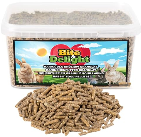 Bite & Delight Pellet di mangime per conigli, mangime completo per conigli, conigli e conigli nani, mangime completo senza zuccheri aggiunti, mangime universale con minerali, vitamine, 5000 ml, 3 kg