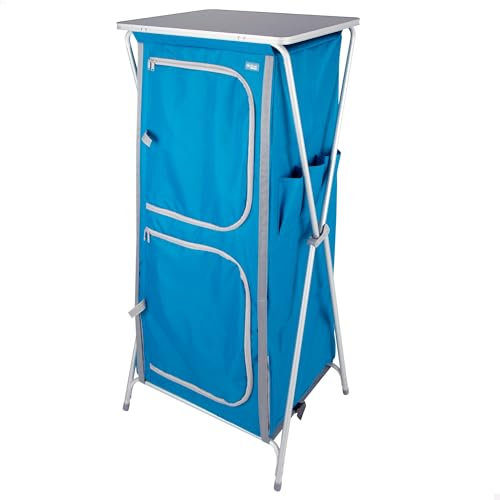 AKTIVE Armario Camping Plegable, 62x53x140 cm, Estantería Camping, 4 Niveles, Azul, Balda Superior, 2 Puertas Cremallera, Tejido poliéster Rejilla, Estructura Aluminio, Bolsa Transporte (63055)
