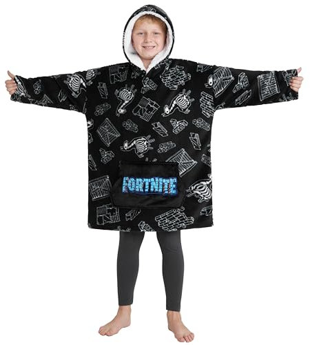 Fortnite Oversized Hoodie Blankets for Boys Fleece Extra Long Warm Wearable Hooded Poncho for Kids and Teens 14+, Gamers Gifts (Black/White Kids)