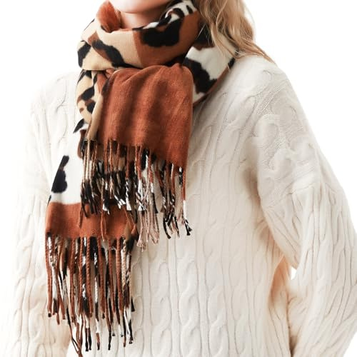Soudittur Grande Taille Femmes Echarpe Hiver Mode Léopard Motif Châle XXL Pashmina Élégant Accessoires avec Gland Cachemire Imitation(Braun)