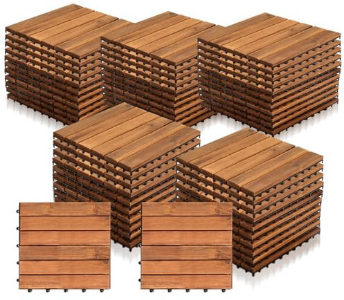 Eulenke Lot de 55 dalles en bois de 5 m² - 30 x 30 cm - Pour sol de balcon - Résistant aux intempéries - 6 lattes en bois d'acacia - Pour terrasses, balcons, jardins
