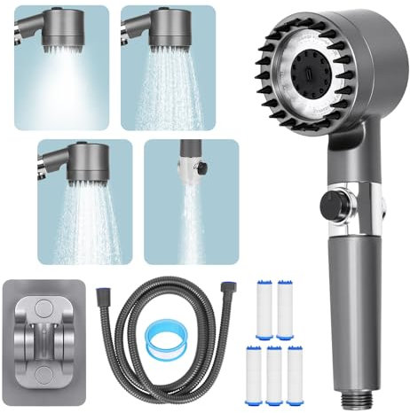 Soffione doccia ad alta pressione con filtro, a risparmio idrico con 4 tipi di getto, doccetta doccia con interruttore on/off, per bagno, pulizia del bagno per animali domestici, 6 fliters