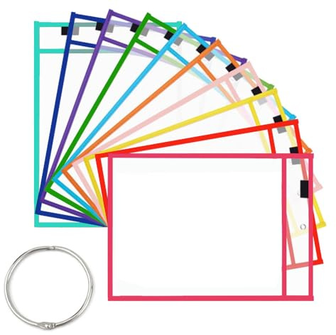 Oaygat 10 Packs Dry Erase Pockets Reusable Plastic Sleeves 10 X 14 Inch Write and Wipe Pockets Transparent Dry Erase Holder Hanging Job Ticket Holders Dry Erasable Pocket Drawing Board Dry Brush Bag
