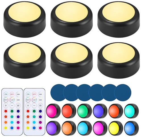 Juego de 6 bombillas LED con mando a distancia, 1000 mAh, recargable, inalámbrico, iluminación magnética, para debajo de los muebles, para cocina, LED, redonda, para armario, iluminación de