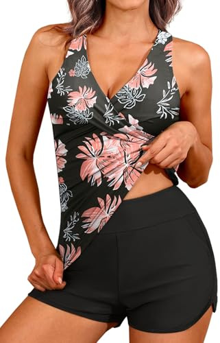 Yutdeng Tankini Mujer Cuello V Traje de Baño 2 Piezas Estampado Tankinis Push Up Bañador Mujer Trajes de Baño con Shorts Cintura Alta Conjunto de Bañadores Sexy Bikinis Dos Piezas Tirantes Extraíbles