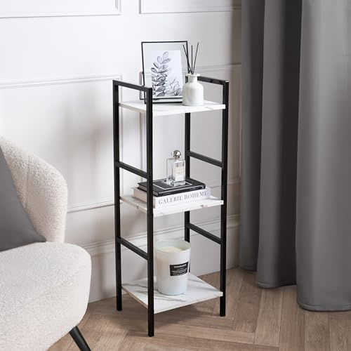 OHS 3 Tier Tall Shelving Unit, Industrial Bookcase Storage Unit Frame Free Standing Shelves for Living Room Bathroom Bedroom Kitchen Home Office, White Marble - 80 x 30 x 24cm