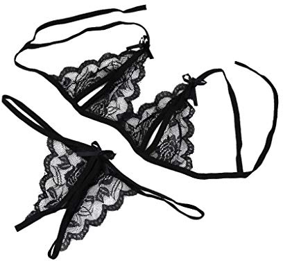 VIYUANH Set di Biancheria Intima da Donna, Completi Intimi Lingerie Sexy Hot per Sesso Aperto Cavallo Slip Pigiama in Pizzo Spalline Regolabile Bra Perizoma