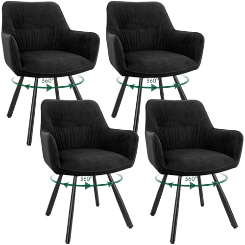 WAFTING Chaise Velours Salle à Manger pivotante 360°, Lot de 4, Noir | avec accoudoirs,Chaise Velours de Cuisine Rembourrées avec Dossier Convient Aussi au Salon et la Salle de réception