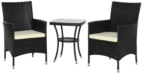 Topchances Salon de jardin 2 places en rotin avec chaises et table en osier, chaises et table d'extérieur - Imperméable - Noir