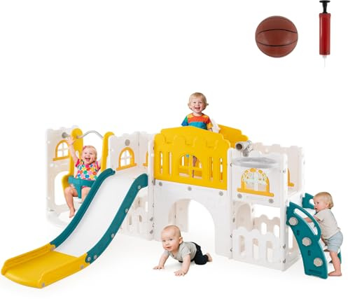 HOMASIS Set di 10 in 1 Parco Giochi Bambini Esterno con Scivolo, Altalena e Binocolo da Gioco, Palestra Montessoriana in HDPE per Bambini da 3+ Anni, 252 x 150 x 102 cm (Verde + Giallo)