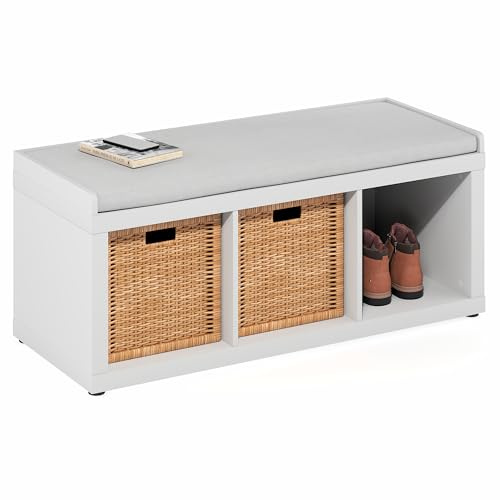 Furinno Cubicle Storage Bench, Shoe Bench with Padded Seat Cushion, 3-Cube Open Shelves Entryway Bench, for Closet, Entryway, Living Room, White