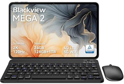 Blackview Mega2 Tablet 12 Zoll Android 15 Tablets, 24GB RAM+128GB ROM, 120HZ 2K FHD Gaming Tablet mit Tastatur Maus Stift Kopfhörer, 4G LTE+5G WiFi, 9000 mAh, WideVine L1, Dual Kamera, Face ID, Gray