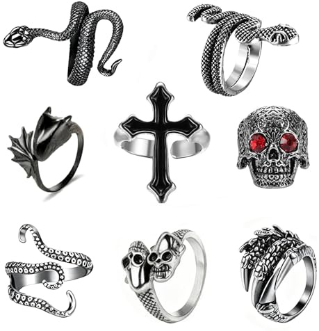yolzhxe 8 Stück Vintage Punk Ringe, Herren Verstellbar Gothic Ringe Set, Kreuz, Totenkopf, Dragon Claws und Schlange Offener Ring, Totenkopf Herrenringe Set, für Karneval, Mottoparty, Halloween