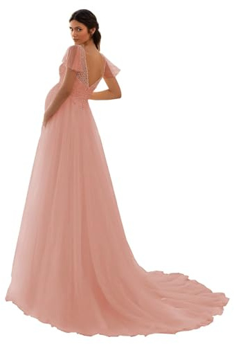 HAIBFJIN Vestido de maternidad de tul, cuello en V, vestido de novia para embarazadas, vestidos de maternidad para baby shower, sesión de fotos, Rosa voluminosa., 50