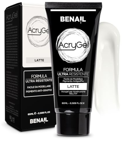 Benail | Acrigel per unghie 60ml. Ricostruzione Unghie, gel unghie, Polygel Acrigel con Dual Form, Gel Ricostruzione Unghie e antigraffio, antigiallo, HEMA Free TPO Free fino a 5 settimane (Latte)