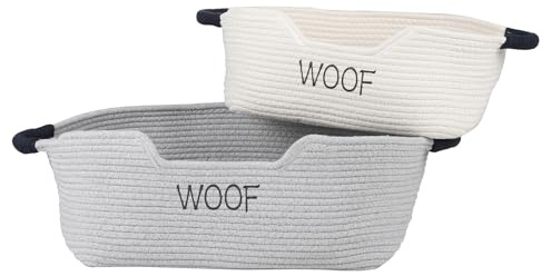 Morezi Dog toy basket 2 pieces woven dog toy box large low in front organizer storage collecting puppy combs shampoo brushes towel grooming stuff in bathroom playroom closet beige gray