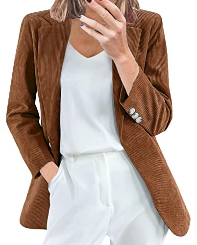 Generisk dam manchester kavaj midja brun, långblazer, elegant höst, kostymjacka, vintage, manchesterjacka, kavaj, långärmade kostymjackor, ledig övergångsjacka, öppen front, arbete, kavajjacka