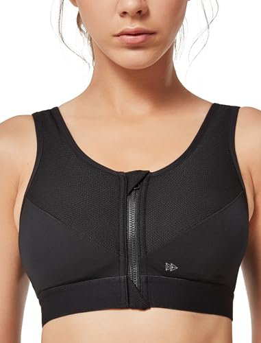 Yvette Damen Starker Halt Vorderverschluss Sport BH Breite Träger Ohne Polsterung für Joggen Yoga Fitness, Schwarz, 100F