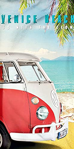 Volkswagen Badetuch VW Bulli Venice Beach Rot Grün 75 x 150 cm 100% Baumwolle in Veloursqualität Camper-Van Bus T1 Strandlaken Strandtuch Handtuch Badelaken Duschtuch Saunatuch California Retro 067