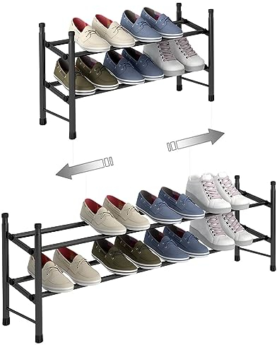 TZAMLI Ausziehbar Schuhregal mit 2 Ebenen zur Aufbewahrung von bis zu 12 Paar Schuhen, Verstellbarer stapelbarer Schuhregal-Stauraum für den Flur, 62~114 x 22 x 35 cm (Schwarz, 2-BÖDEN)