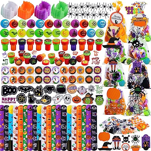 JOYIN 168 Pcs Halloween Party Favors Set, 24 Pack Prefilled Goody Bags with Gift Tag Including Teeth, Spiders, Stamps, Stickers, Slap Bracelets for Kids Trick or Treat, Gift Exchange