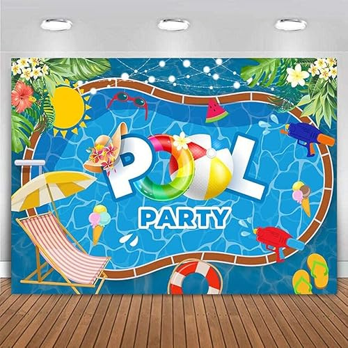 Sommar pool fest bakgrund simning vatten våg baby shower bakgrund tropiska hawaiianska palmblad livboj lampor födelsedag