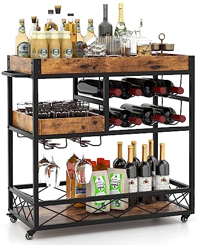 KOMFOTTEU Servierwagen mit abnehmbarem Tablett, Küchenwagen mit 8 Weinregalen & Glashalter, Rollwagen Barwagen für Küche Bar, Beistellwagen Industrie-Stil 80x40x83cm