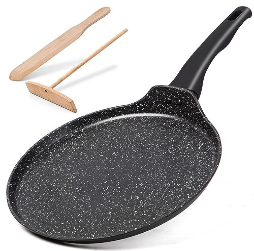 diig Crepe Pfanne 28cm, Antihaftpfanne Omelette Flache Pfannkuchen Pfanne mit Teigverteiler und Holzschaufel, Induktions Kompatibel, PFOA-Frei, Aluguss Beschichtet, Schwarz