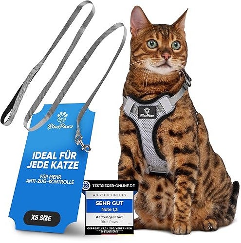Blue Pawz Katzengeschirr mit Leine - 170cm | Katzengeschirr ausbruchsicher & hochwertig | Katzenleine mit Geschirr für Katzen | Katzen Geschirr für unvergessliche Momente (XS), Grau