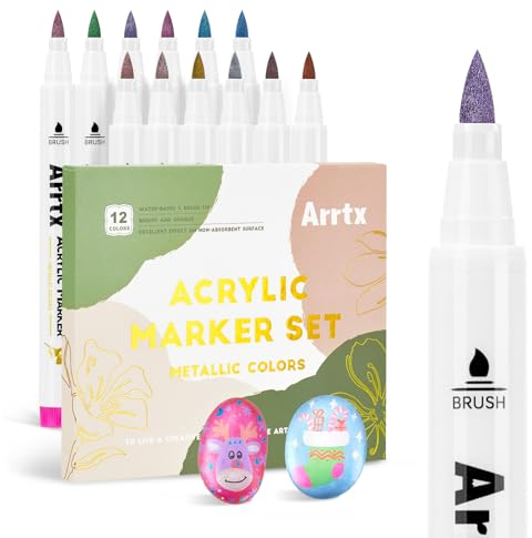 Arrtx 12 Farben Metallic Acrylstifte, Glitzermarker für Felsmalerei, Glitzer stifte mit extra feiner Spitze, Metall-Pinselmarker, Acryl-Farbstifte Marker für Keramik, Glas, Leinwand, Holz, Osterei,DIY