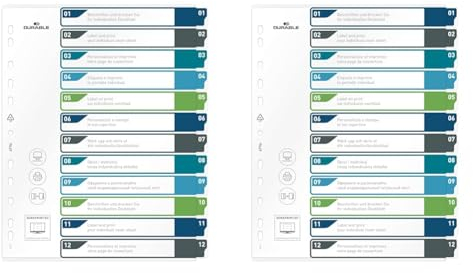 Durable Register 1-12, A4+ hoch, beschriftbares Indexblatt, 100% recycelbar, mehrfarbig, 679627 (Packung mit 2)