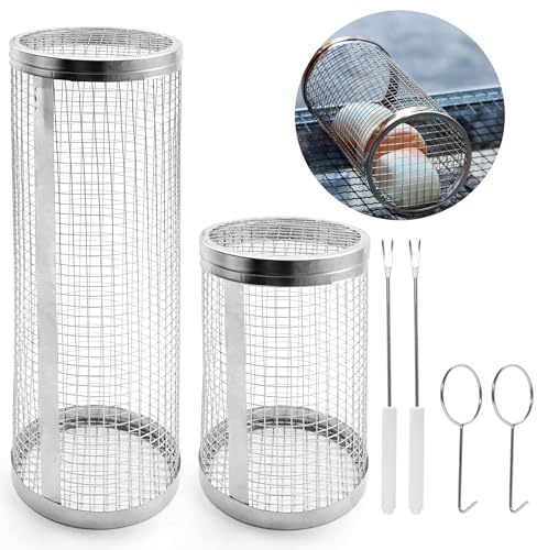 Brelet Grillkorb Set,2 Stück Grillkorb rund Rolling Grilling Baskets zylindrischer Grillkorb Edelstahl für Camping und Terrassengrills Freien(20cm+30cm)