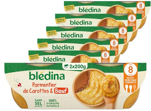 BLÉDINA - Bols - Repas Mici Bébé - Parmentier de Carottes et Bœuf - dès 8 Mois - sans Sel Ajouté - 12 x 200 g