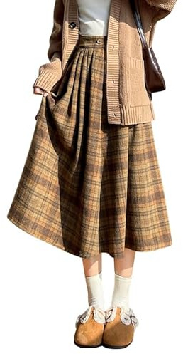 LAEMILIA Women's High Waist Plaid Midi Skirt Size L/UK 16 Khaki