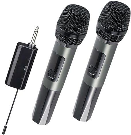 HUACAM Microphone sans fil en métal à fréquence réglable en U avec récepteur rechargeable, convient pour karaoké, chant, fêtes, mariages, etc. DJ、 discours, 61 m, noir