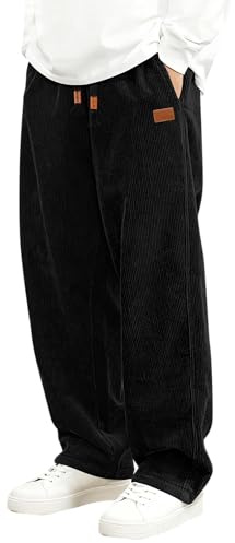 LVCBL Pantaloni Uomo in Velluto a Coste Largo Taglio Dritto, Modello con Vita Elasticizzata e Cordino Nero 2XL