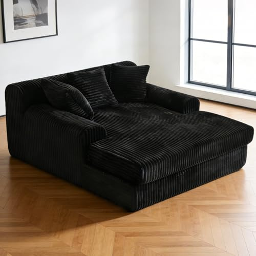 Single Chaise Lounge Sofa, 150cm Black Boneless Floor Cushion Sofa Indoor | Wide Wale Corduroy Couch with Pillows and Armrests for Bedroom Living Room Dormitory