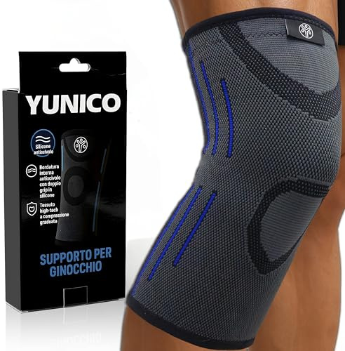YUNICO Ginocchiera a compressione con Doppio Silicone Antiscivolo–Supporto ergonomico per Corsa, Palestra, Lavoro e Uso Quotidiano–Taglia M/L-Comfort e stabilità.Stabilità per sport e recupero (S)