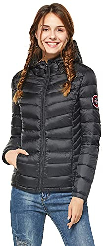Extreme Pop Donna Giacca con Cappuccio in Pura Piuma D'Oca per l'inverno in Nero e Rosa (L, Nera)