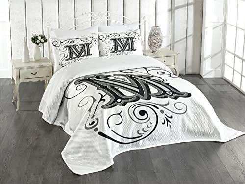 ABAKUHAUS Buchstabe M Tagesdecke Set, Eastern Zusammenfassung M, Set mit Kissenbezügen Waschbar, für Doppelbetten 220 x 220 cm, Weiß Schwarz Grau