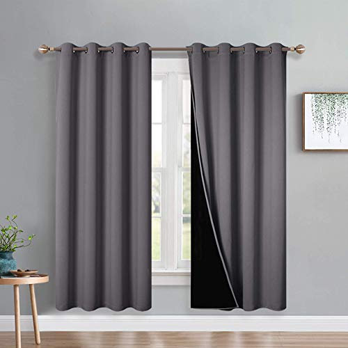 PONY DANCE 100% Blackout Double-Layer Curtains - Thermal Insulated 46x72 Inch Long Curtains for Bedroom Living Room, Energy Energy & Noise Reducing, Grey Grommet Blackout Drapes, 2 Panels