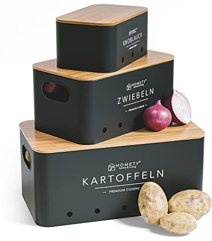 Homety Kartoffel Aufbewahrungsbox [3er Set] - Hält Gemüse Länger Frisch - Idealer Weg für Zwiebel, Kartoffel und Knoblauch Aufbewahrung (Schwarz)