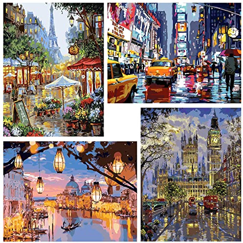 4 Pack Paint by Numbers for Adults，Landscape City Paint by Numbers for Adults Beginner,London Paris Venice New York Oil Painting for Home Wall Decor Inch12x16