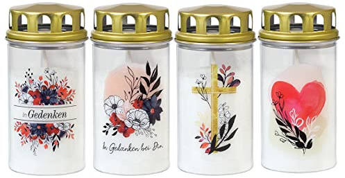 4 Grabkerzen klein- Ewiglicht - Grablicht - Motivkerze mit floralem Motiv, Jeka