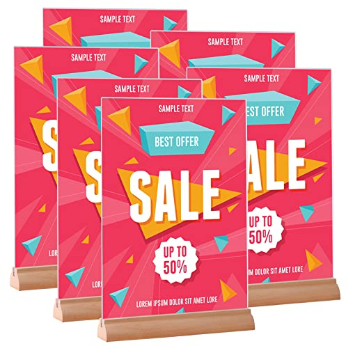 HUAYANG Tischaufsteller DIN A4, 6 Stück Aufsteller Acryl Ständer 24 x 34cm Sockel aus Holz Flyerständer Werbeaufsteller für Fotos, Büro, Restaurant, Cafe, Shop