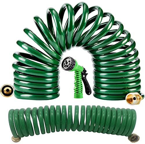 Yorkshire Homeware 15M / 50Ft Recoil Garden Hose | Self-Coiling Hose Coil with 5 Function Spray | Solid Brass Fittings Tap Adapter | Retractable Collapsible Water Hose Pipe with Flexible Spray Head